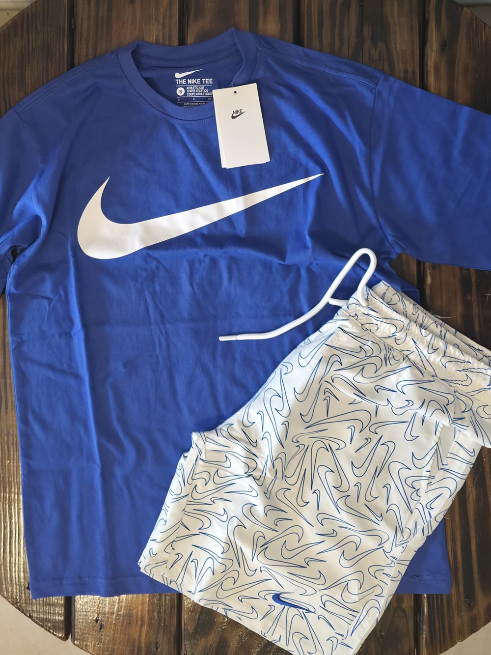 Nike Blue Tee with White Swoosh & White Patterned Shorts (Only Small)